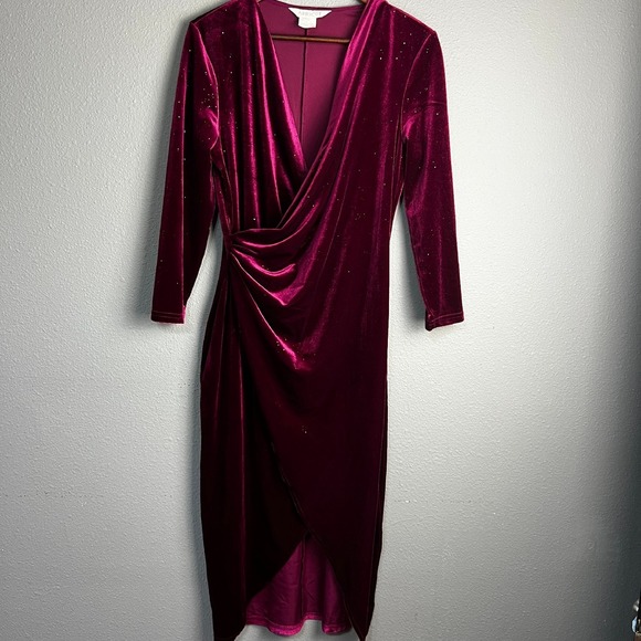 Apricot Glitter Velvet Midi Wrap Dress Sparkle Ruching Side Cocktail Burgundy 10 - Picture 1 of 13